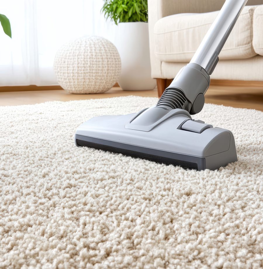Cleaning vacuum on carpet, home interior, bright room, modern design, fresh atmosphere